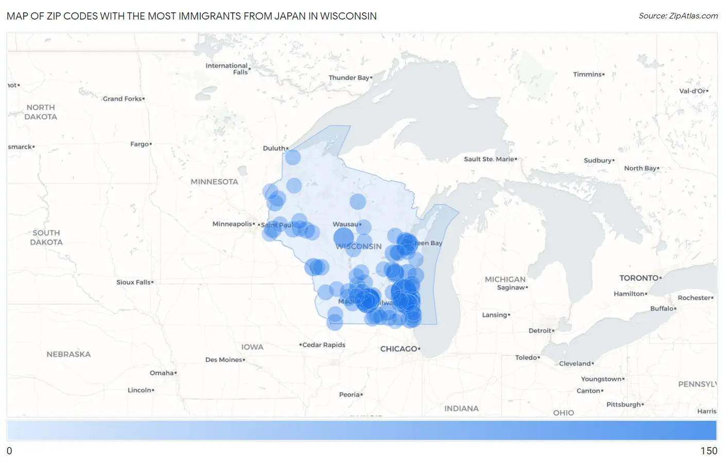 Zip Codes with the Most Immigrants from Japan in Wisconsin Map