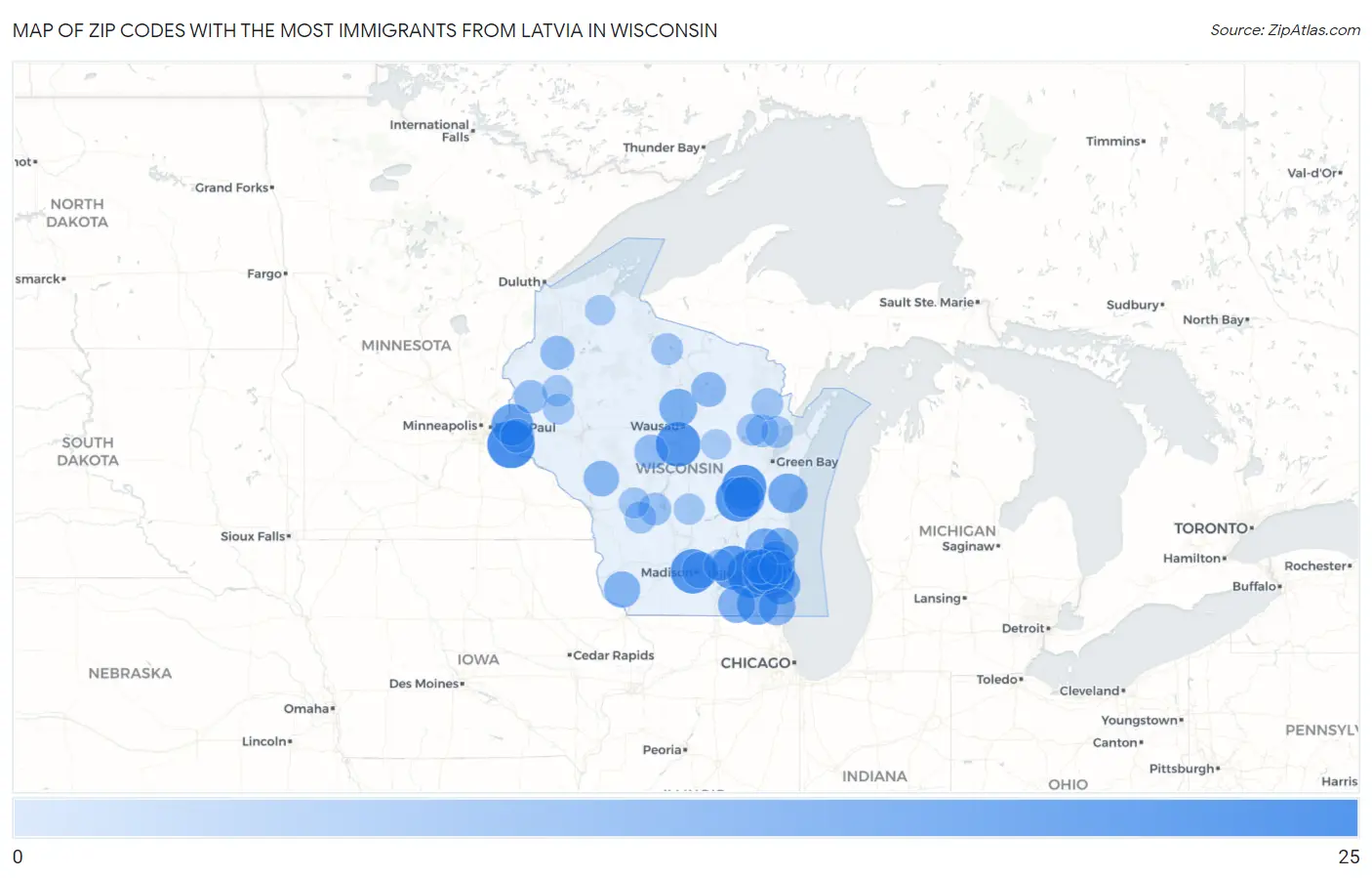 Zip Codes with the Most Immigrants from Latvia in Wisconsin Map