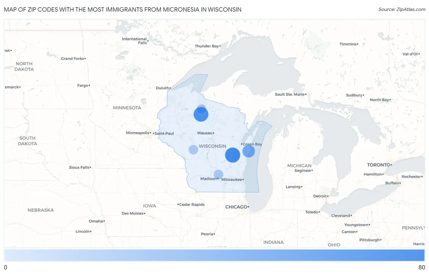 Zip Codes with the Most Immigrants from Micronesia in Wisconsin Map