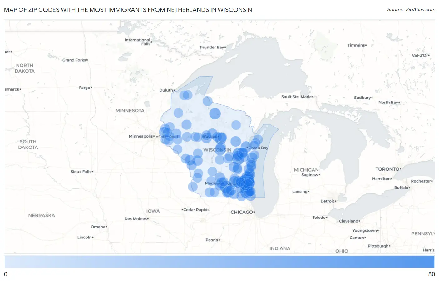Zip Codes with the Most Immigrants from Netherlands in Wisconsin Map