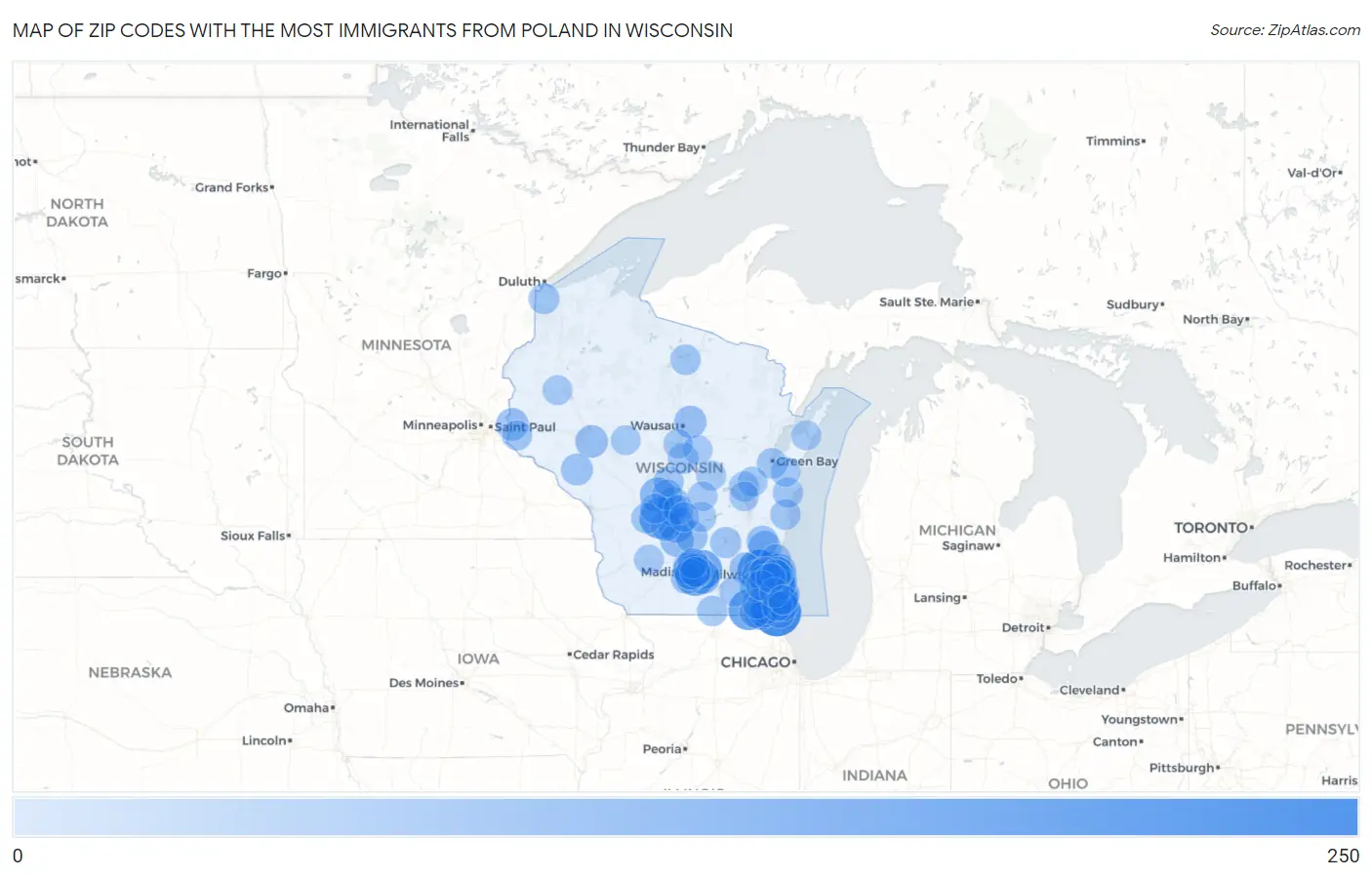 Zip Codes with the Most Immigrants from Poland in Wisconsin Map