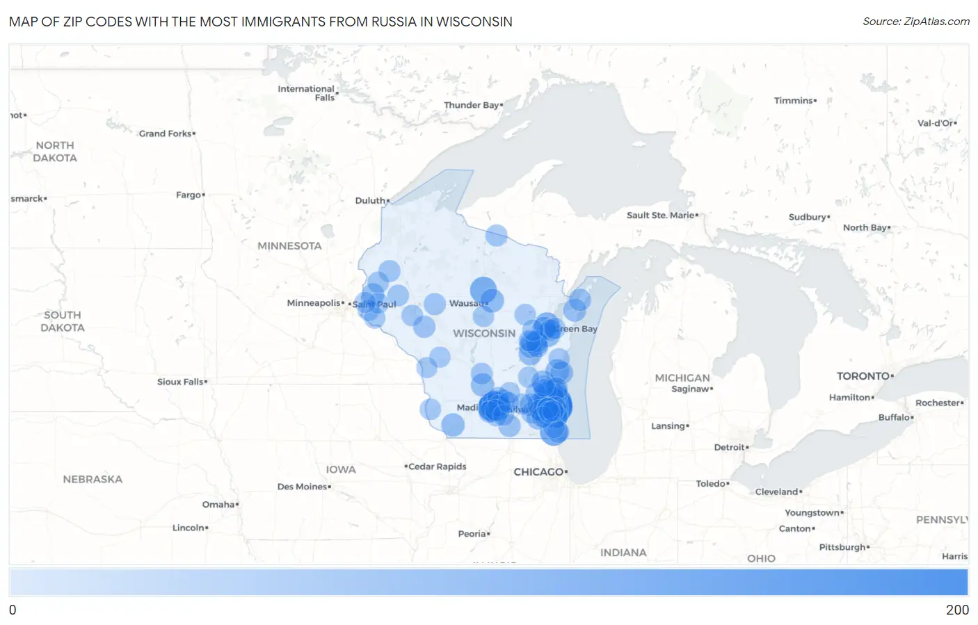 Zip Codes with the Most Immigrants from Russia in Wisconsin Map