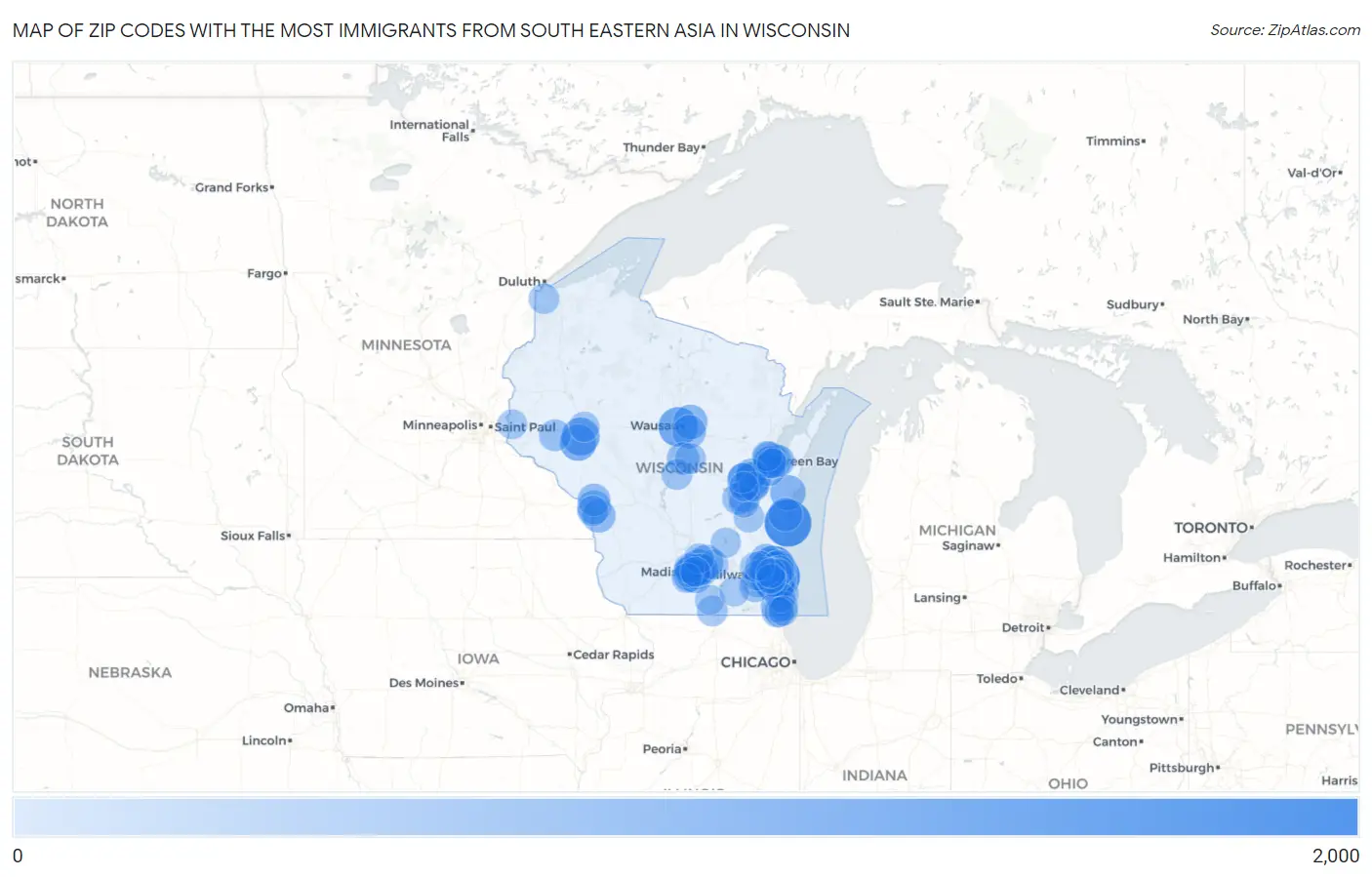 Zip Codes with the Most Immigrants from South Eastern Asia in Wisconsin Map
