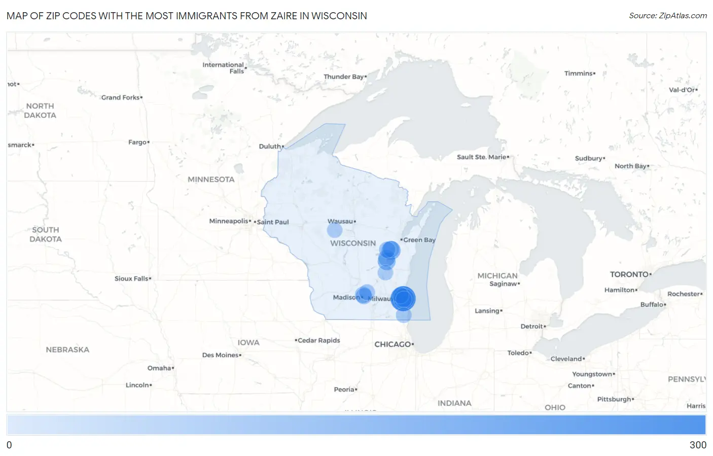 Zip Codes with the Most Immigrants from Zaire in Wisconsin Map