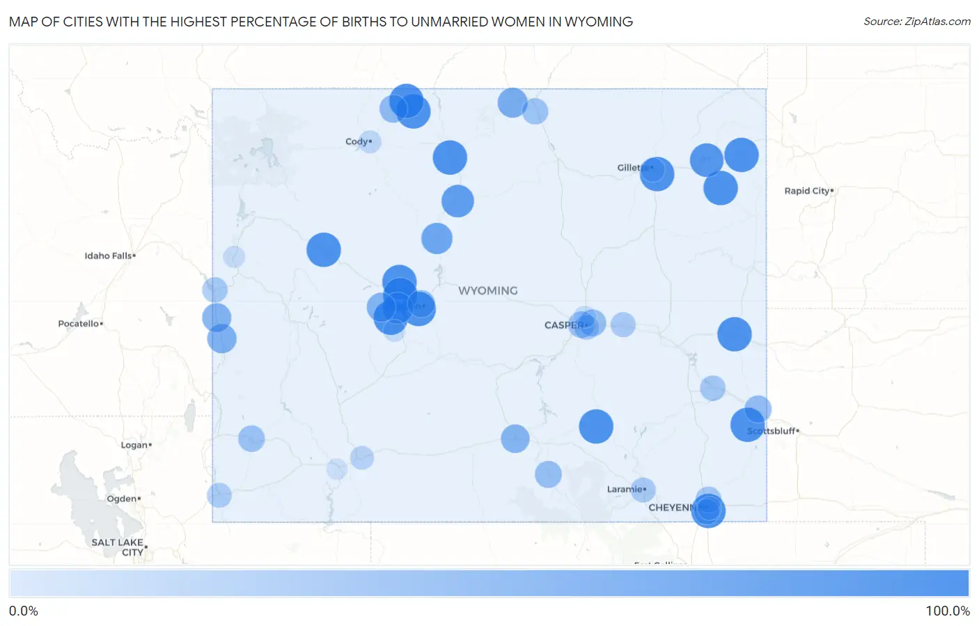 Cities with the Highest Percentage of Births to Unmarried Women in Wyoming Map