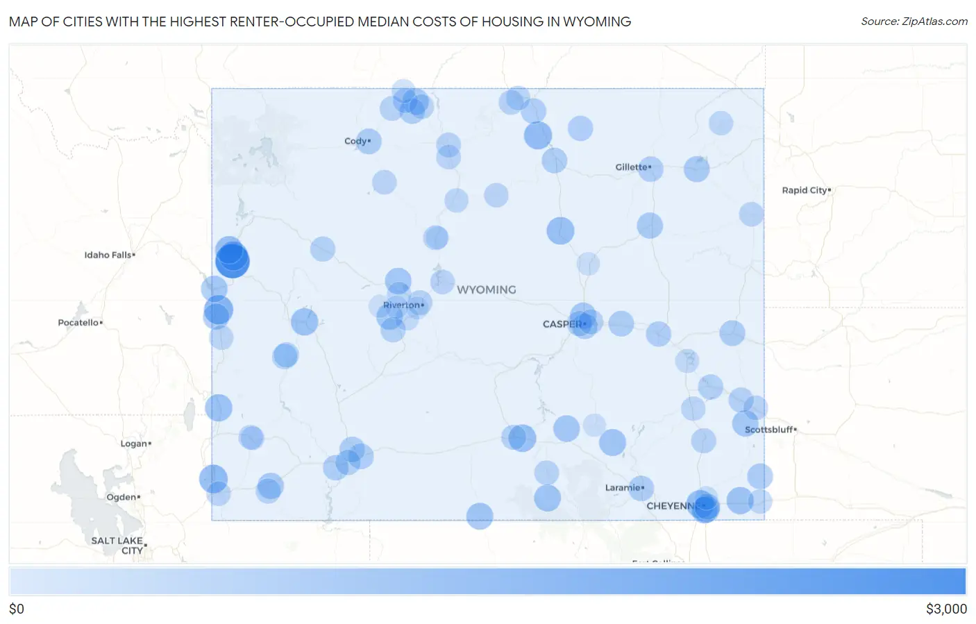 Cities with the Highest Renter-Occupied Median Costs of Housing in Wyoming Map