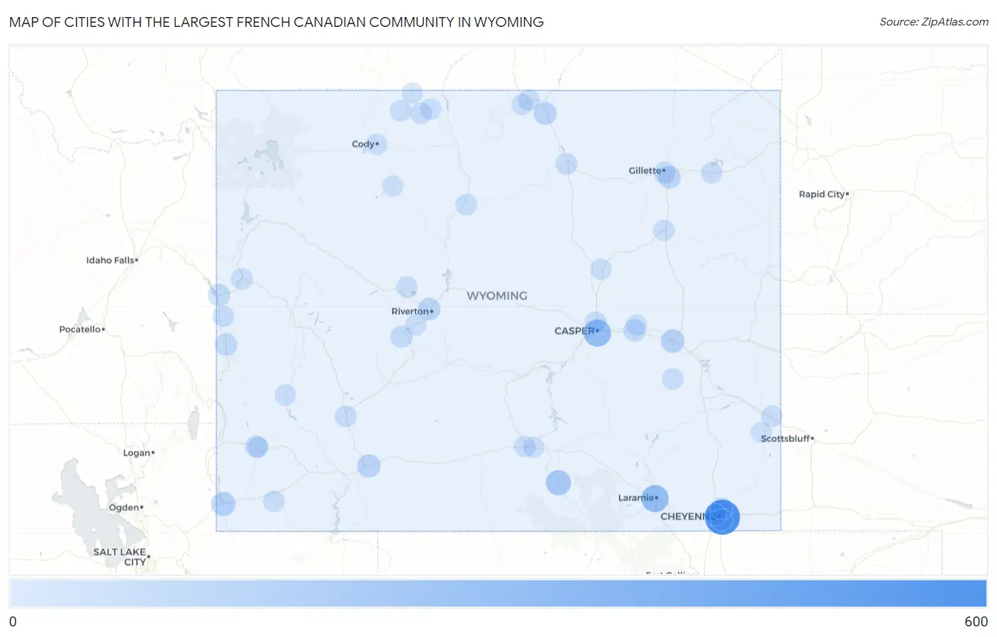 Cities with the Largest French Canadian Community in Wyoming Map