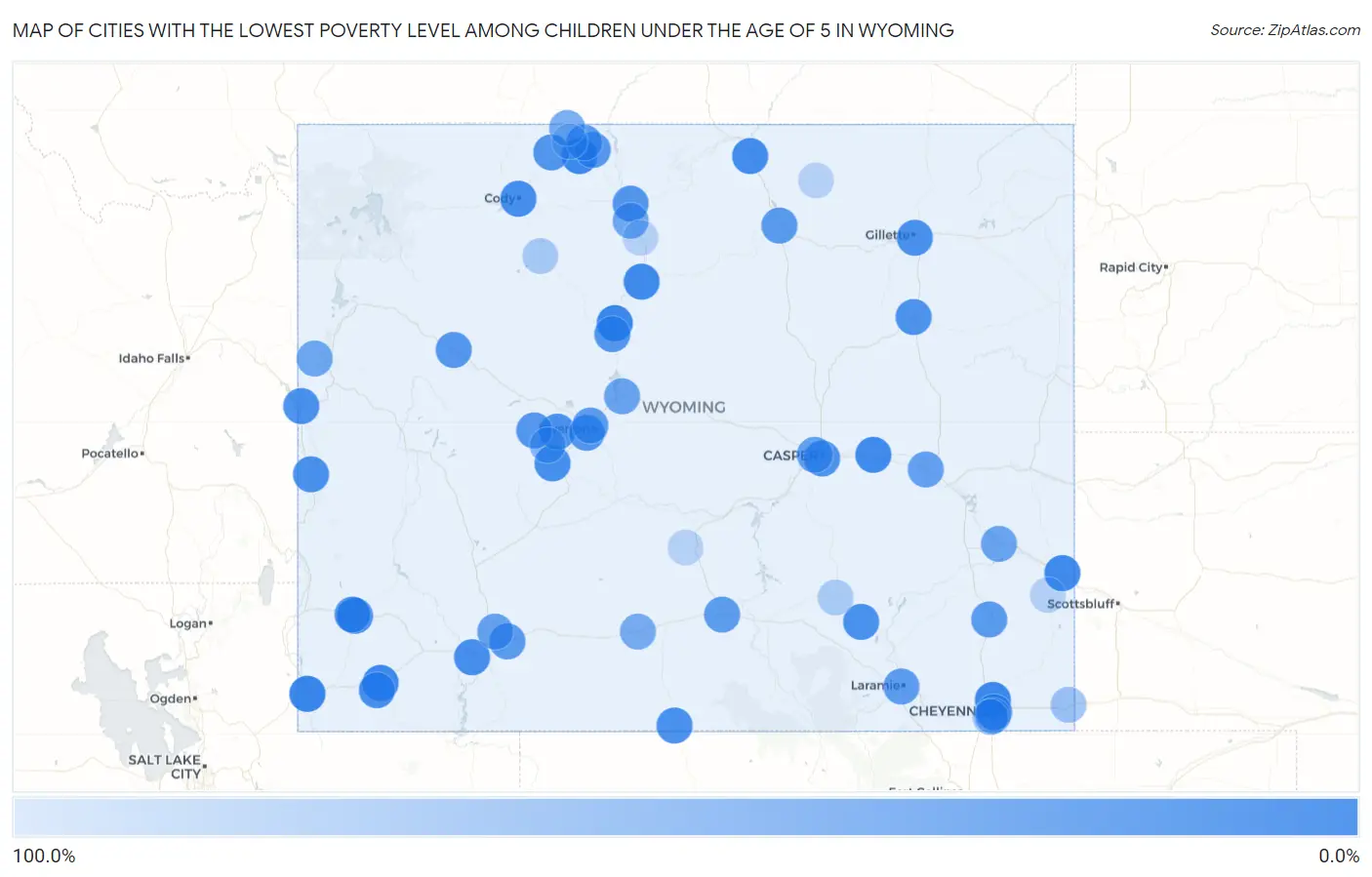 Cities with the Lowest Poverty Level Among Children Under the Age of 5 in Wyoming Map