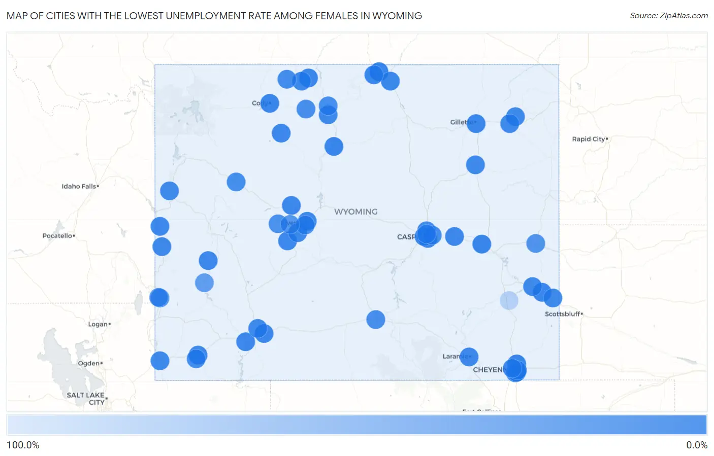 Cities with the Lowest Unemployment Rate Among Females in Wyoming Map