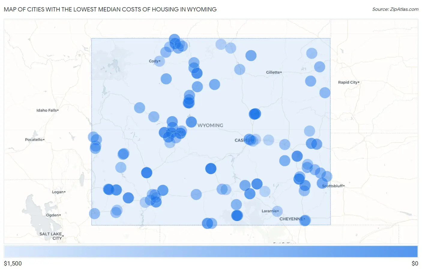 Cities with the Lowest Median Costs of Housing in Wyoming Map