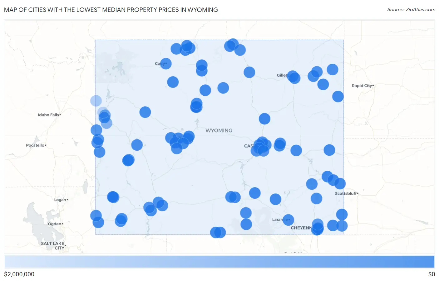 Cities with the Lowest Median Property Prices in Wyoming Map