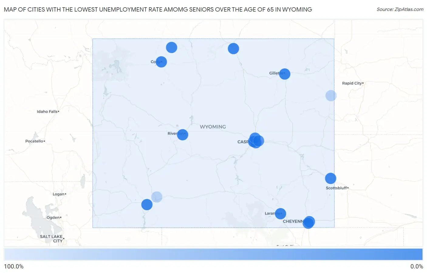 Cities with the Lowest Unemployment Rate Amomg Seniors Over the Age of 65 in Wyoming Map