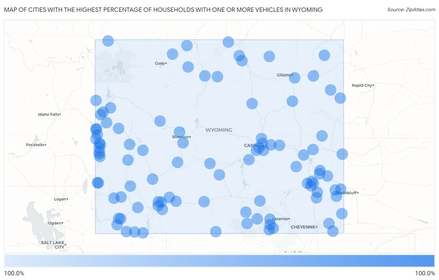 Cities with the Highest Percentage of Households With One or more Vehicles in Wyoming Map