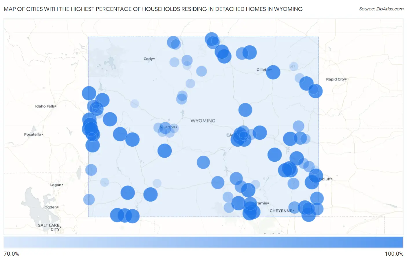 Cities with the Highest Percentage of Households Residing in Detached Homes in Wyoming Map