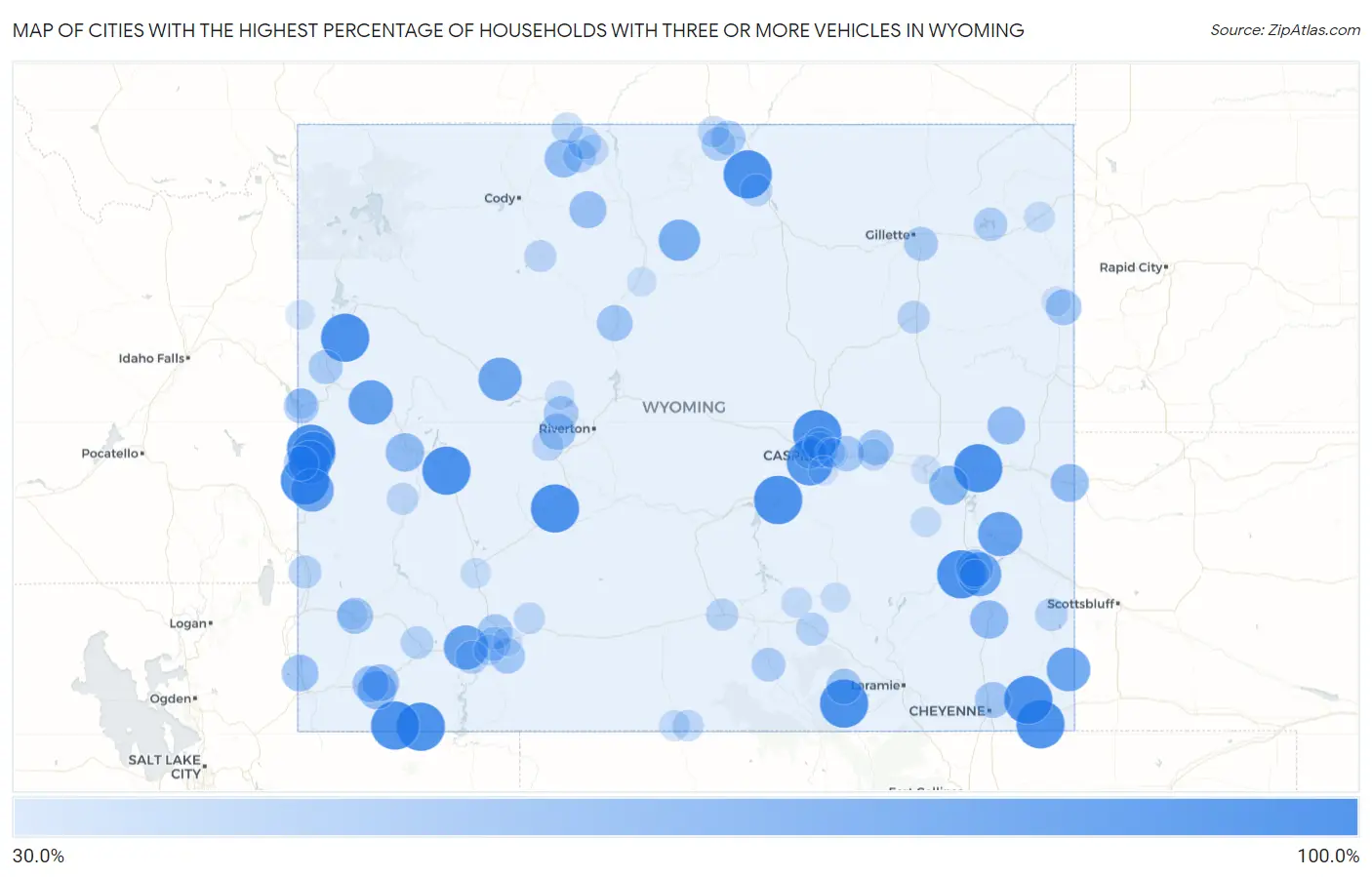 Cities with the Highest Percentage of Households With Three or more Vehicles in Wyoming Map