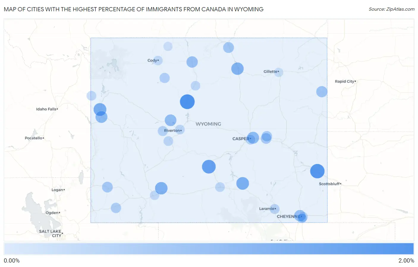 Cities with the Highest Percentage of Immigrants from Canada in Wyoming Map