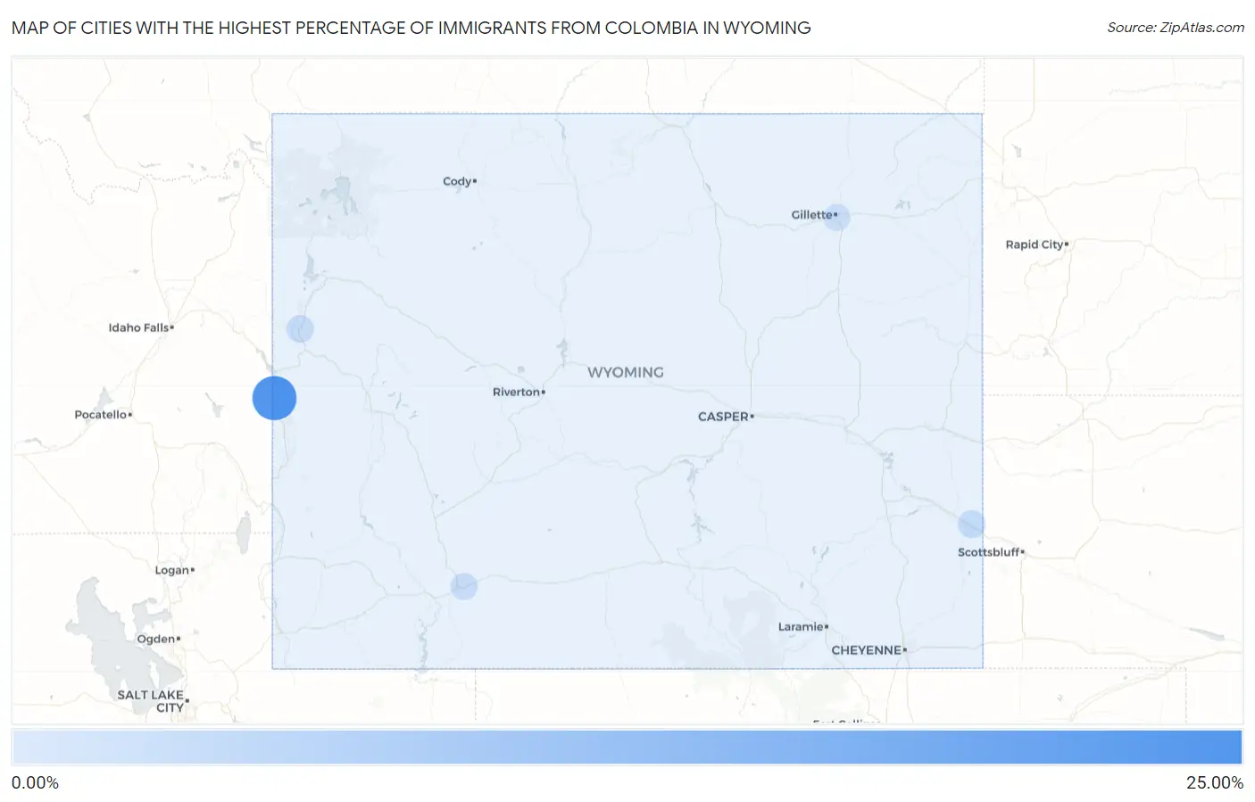 Cities with the Highest Percentage of Immigrants from Colombia in Wyoming Map