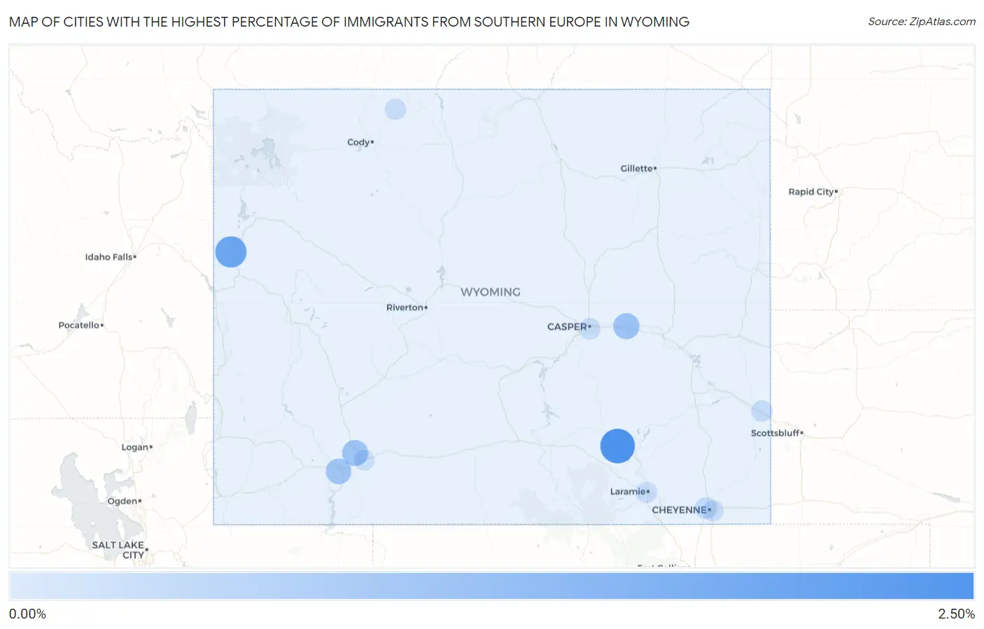 Cities with the Highest Percentage of Immigrants from Southern Europe in Wyoming Map