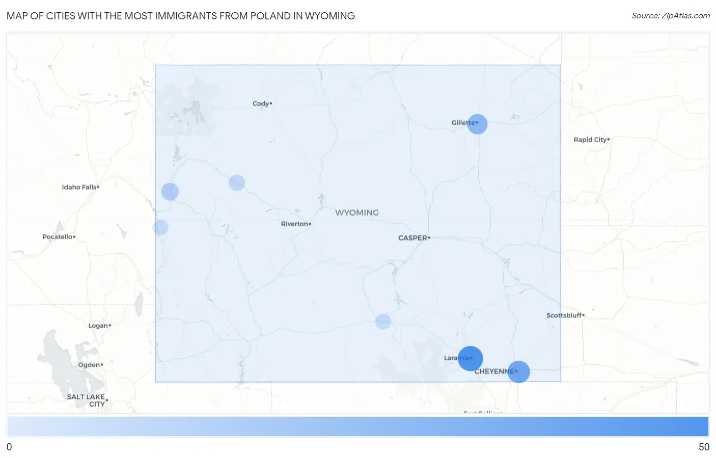Cities with the Most Immigrants from Poland in Wyoming Map
