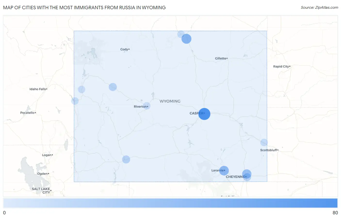 Cities with the Most Immigrants from Russia in Wyoming Map