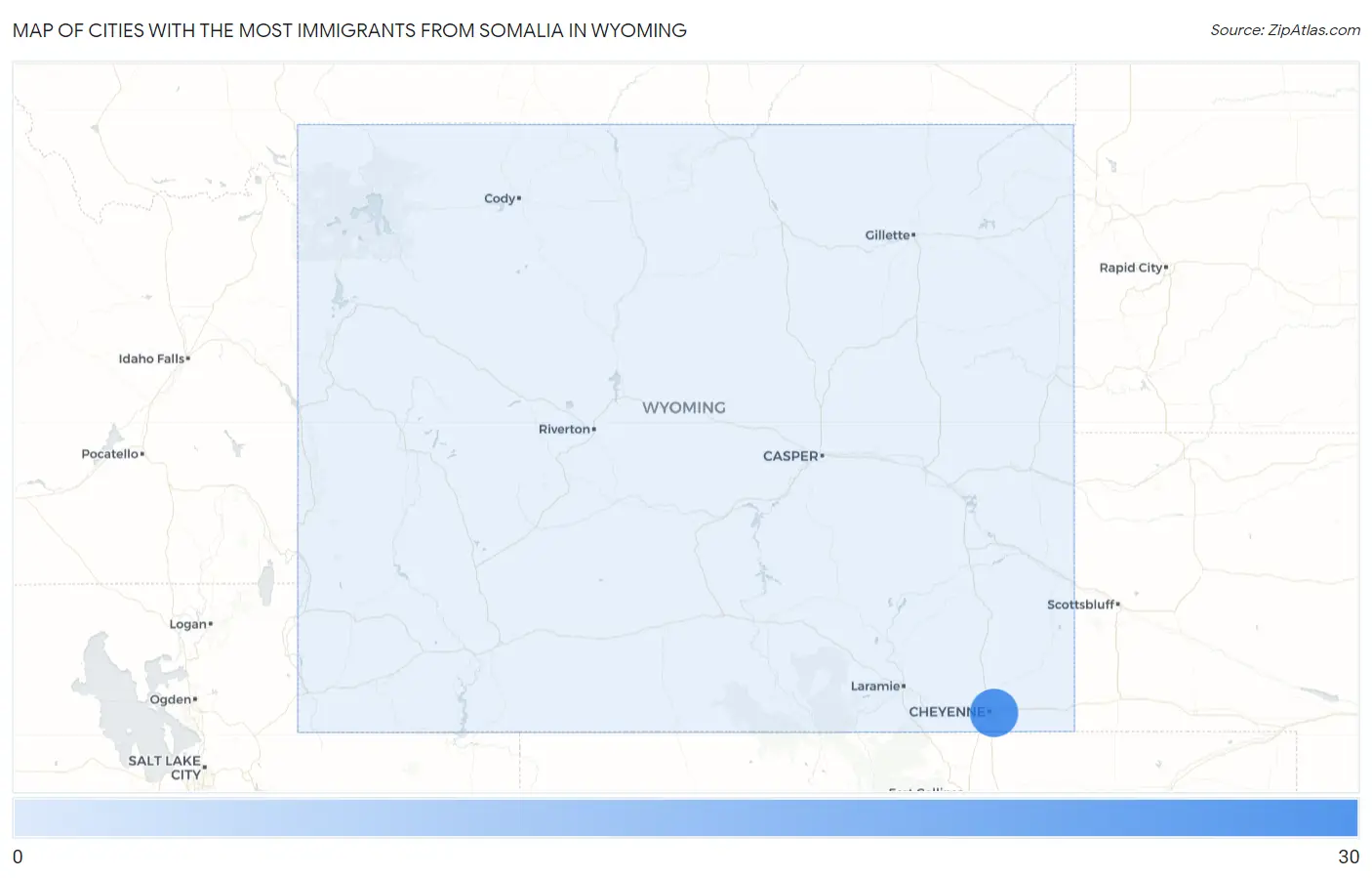 Cities with the Most Immigrants from Somalia in Wyoming Map