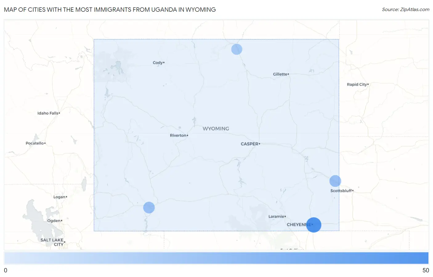 Cities with the Most Immigrants from Uganda in Wyoming Map