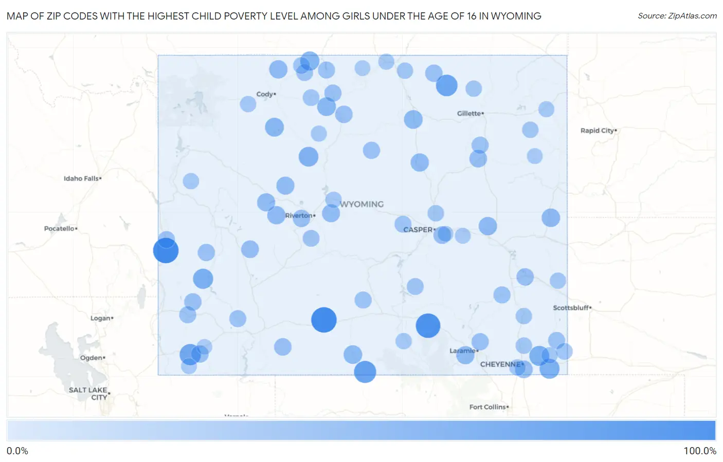 Zip Codes with the Highest Child Poverty Level Among Girls Under the Age of 16 in Wyoming Map