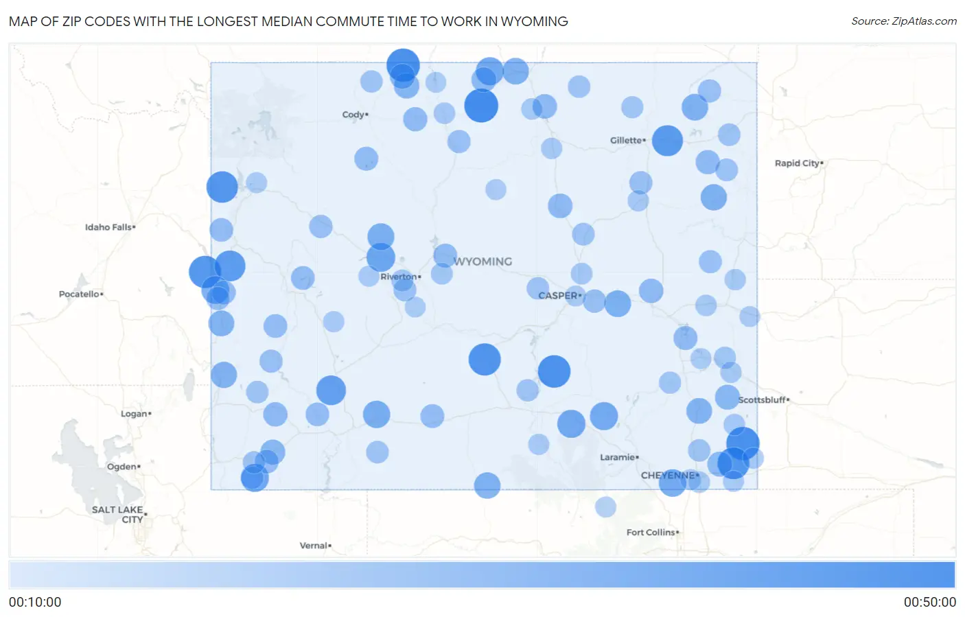 Zip Codes with the Longest Median Commute Time to Work in Wyoming Map