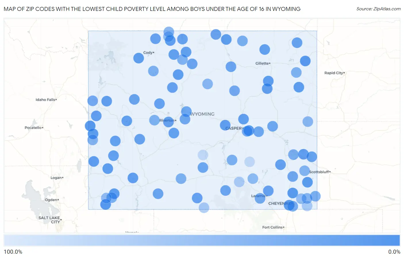 Zip Codes with the Lowest Child Poverty Level Among Boys Under the Age of 16 in Wyoming Map