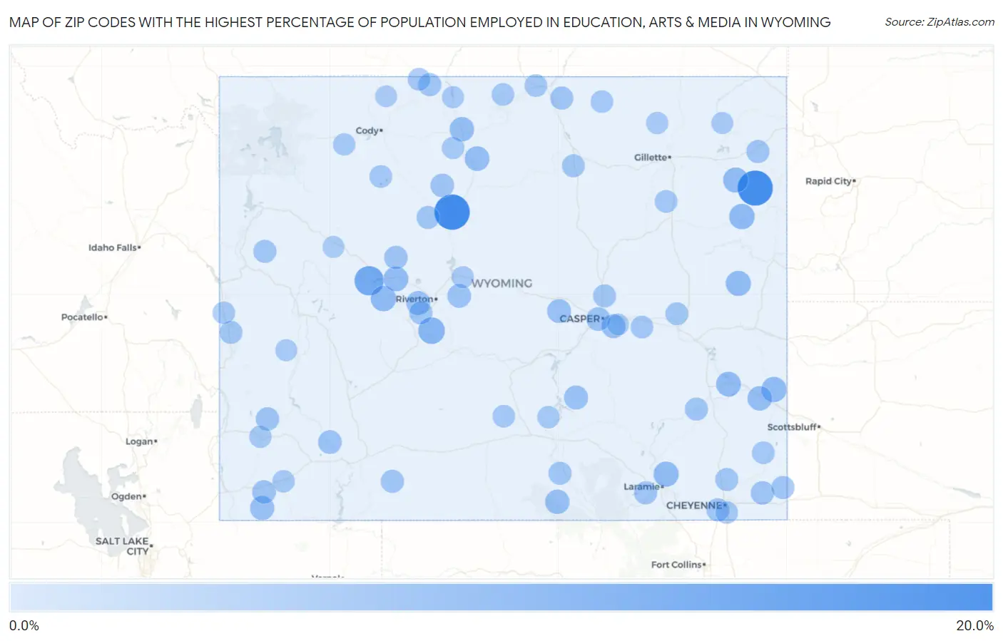Zip Codes with the Highest Percentage of Population Employed in Education, Arts & Media in Wyoming Map