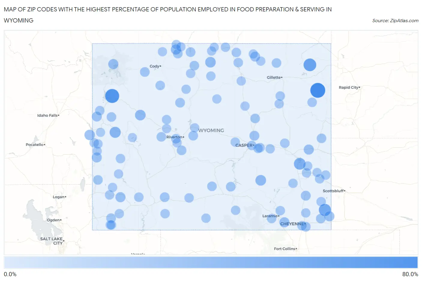 Zip Codes with the Highest Percentage of Population Employed in Food Preparation & Serving in Wyoming Map