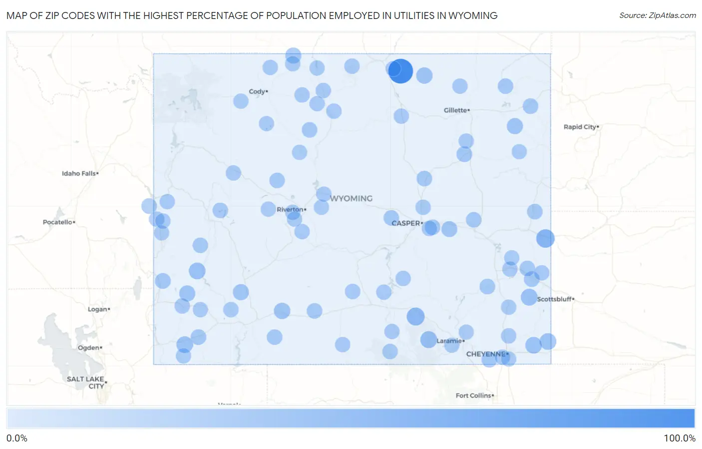 Zip Codes with the Highest Percentage of Population Employed in Utilities in Wyoming Map