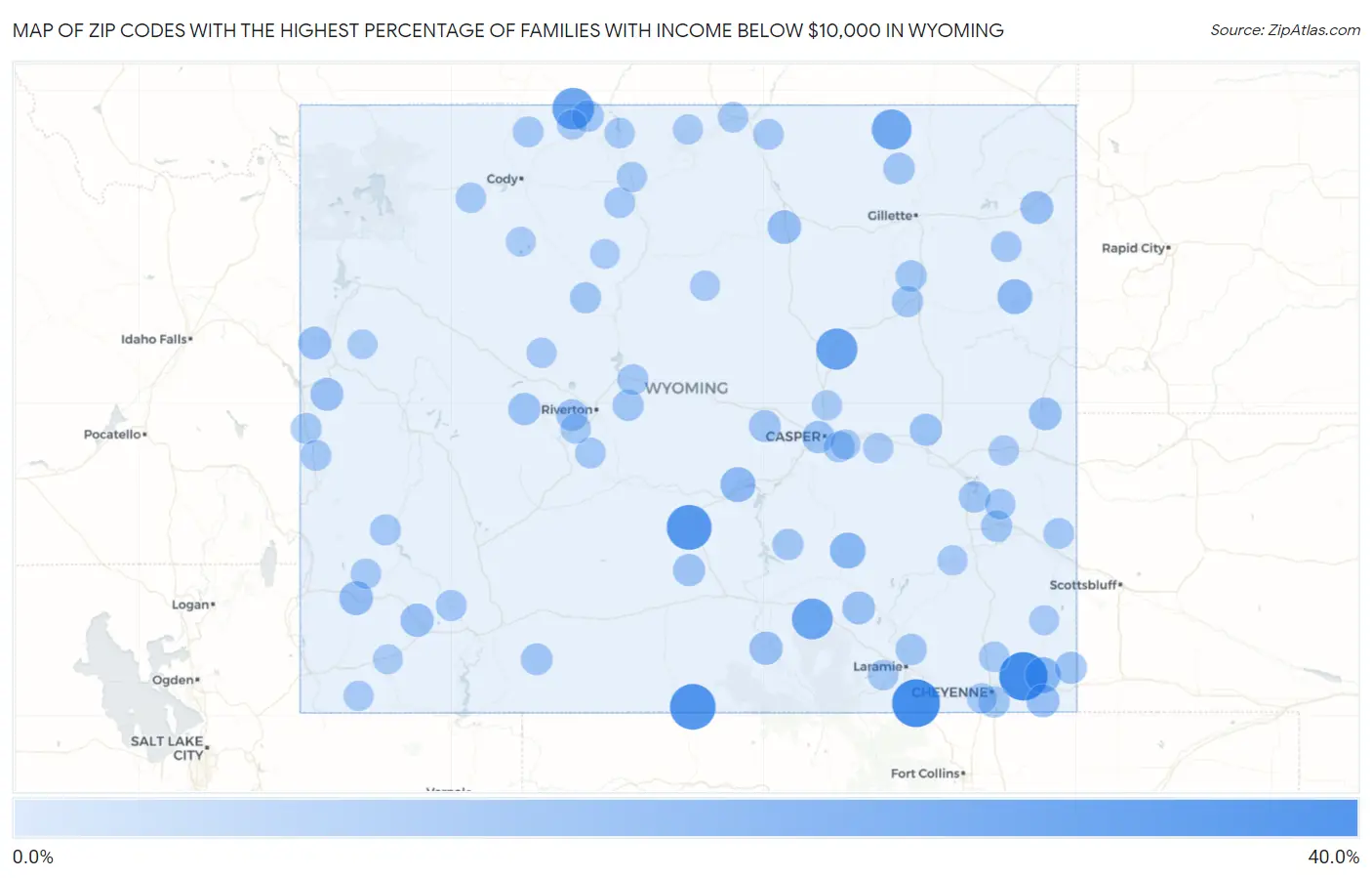 Zip Codes with the Highest Percentage of Families with Income Below $10,000 in Wyoming Map