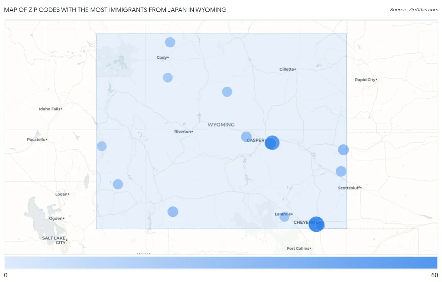 Zip Codes with the Most Immigrants from Japan in Wyoming Map
