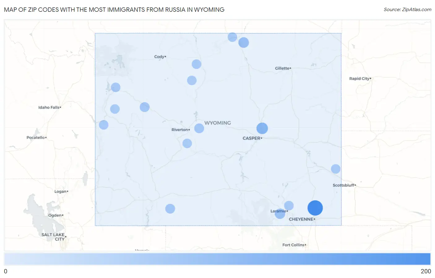 Zip Codes with the Most Immigrants from Russia in Wyoming Map