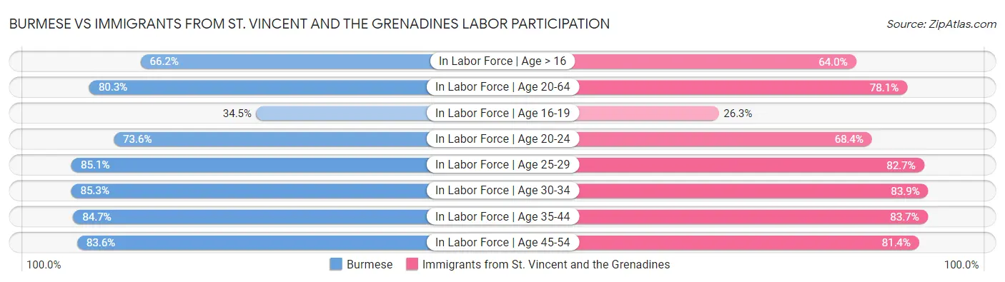 Burmese vs Immigrants from St. Vincent and the Grenadines Labor Participation