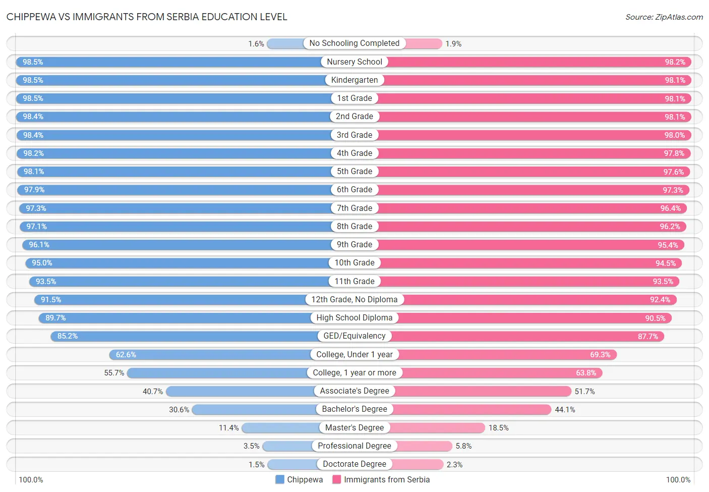 Chippewa vs Immigrants from Serbia Education Level