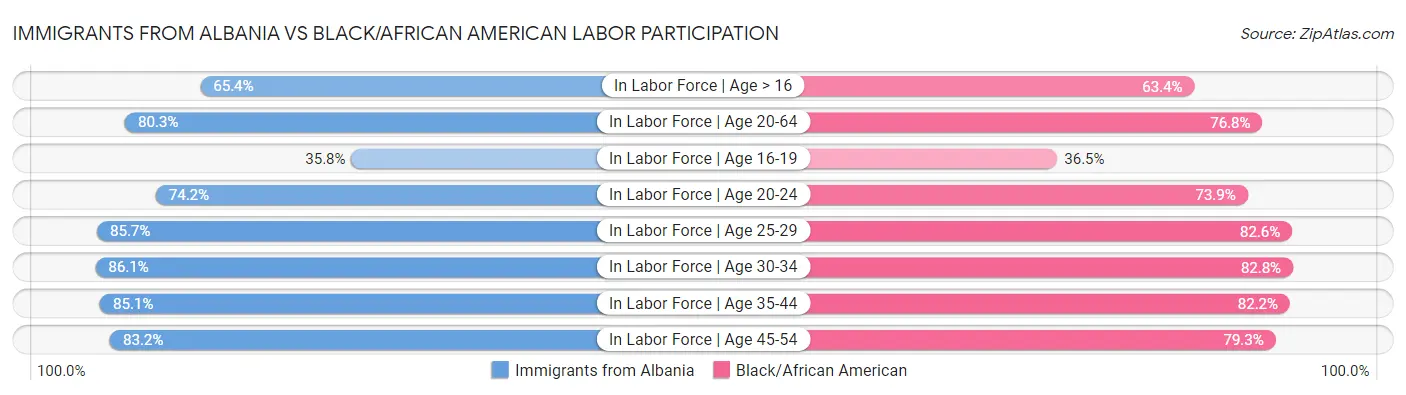 Immigrants from Albania vs Black/African American Labor Participation