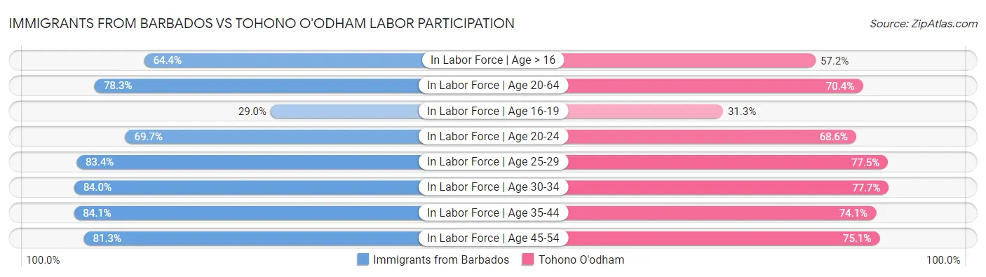 Immigrants from Barbados vs Tohono O'odham Labor Participation