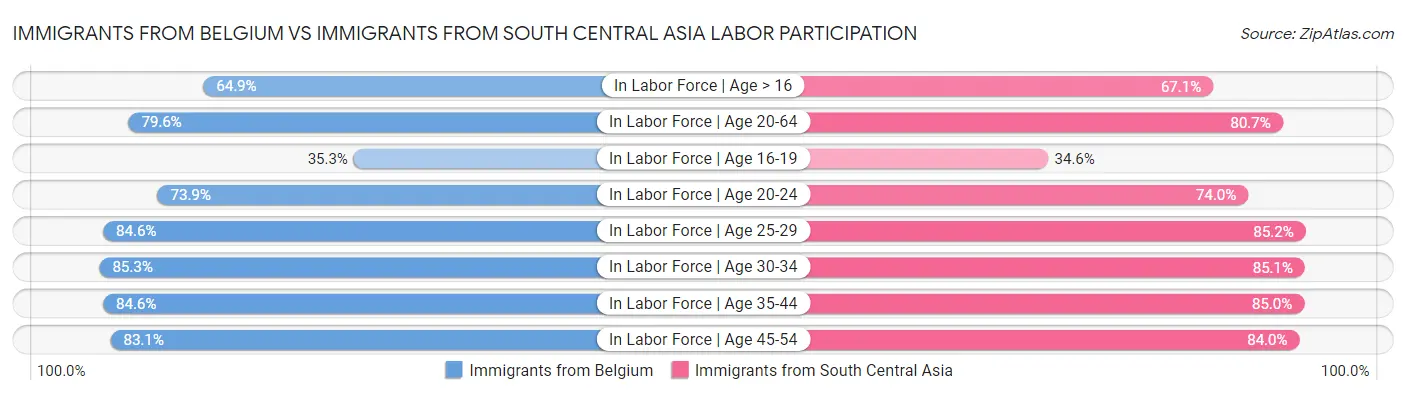 Immigrants from Belgium vs Immigrants from South Central Asia Labor Participation