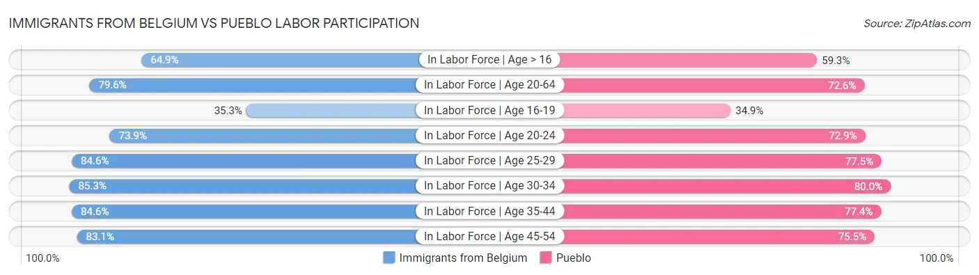 Immigrants from Belgium vs Pueblo Labor Participation