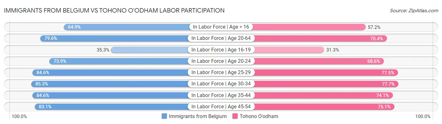 Immigrants from Belgium vs Tohono O'odham Labor Participation