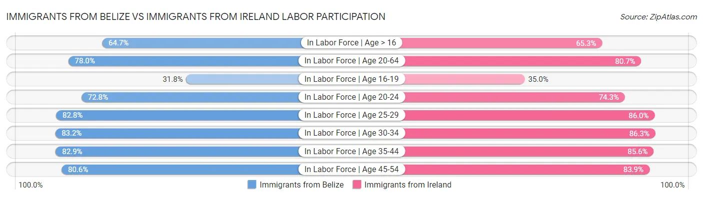 Immigrants from Belize vs Immigrants from Ireland Labor Participation