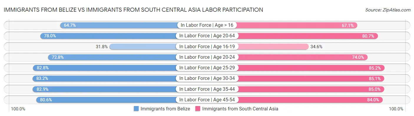 Immigrants from Belize vs Immigrants from South Central Asia Labor Participation