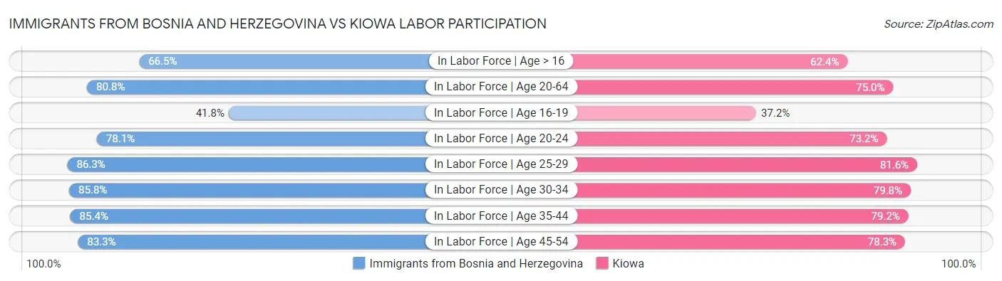 Immigrants from Bosnia and Herzegovina vs Kiowa Labor Participation
