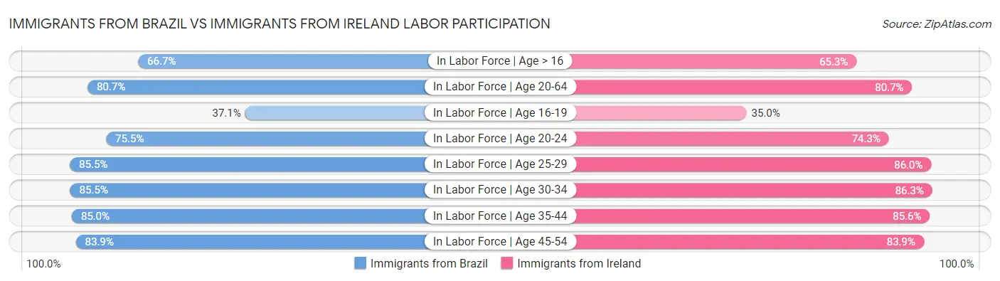 Immigrants from Brazil vs Immigrants from Ireland Labor Participation