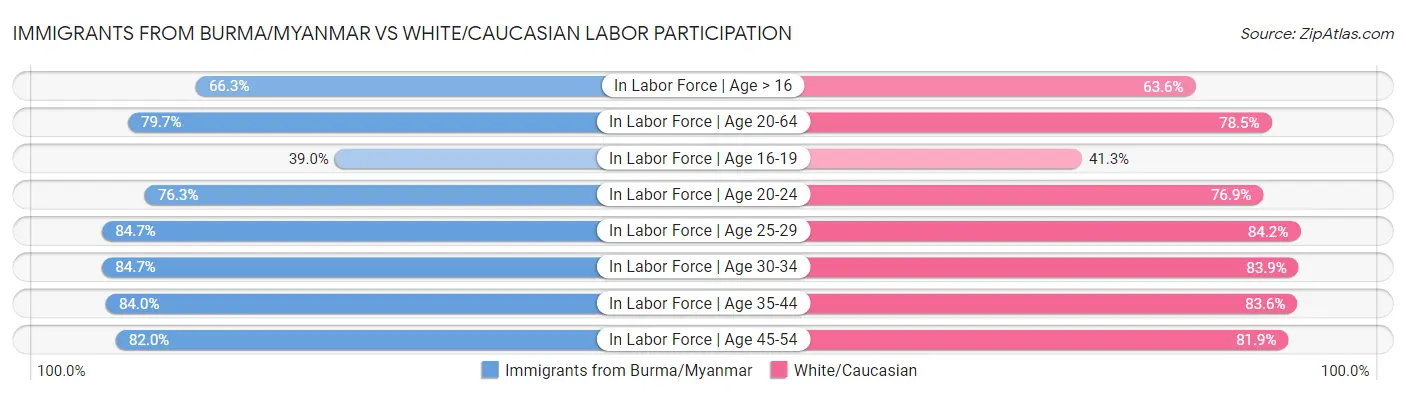 Immigrants from Burma/Myanmar vs White/Caucasian Labor Participation