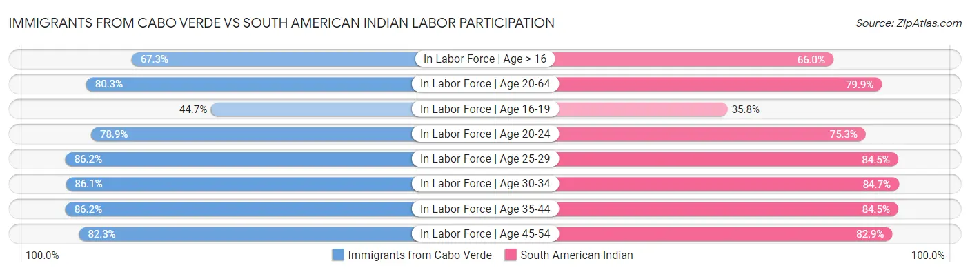 Immigrants from Cabo Verde vs South American Indian Labor Participation