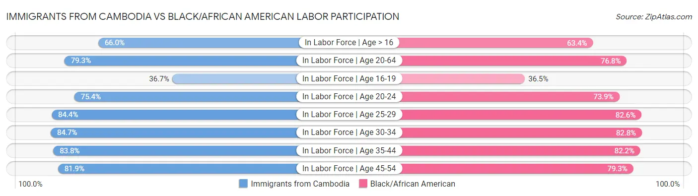 Immigrants from Cambodia vs Black/African American Labor Participation