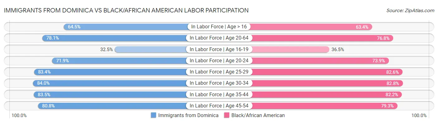 Immigrants from Dominica vs Black/African American Labor Participation